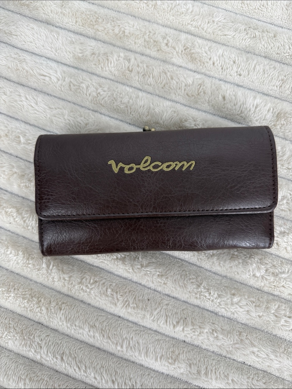 Volcom Dark Brown Women's Leather Wallet with Gold Logo and coin pouch on rear